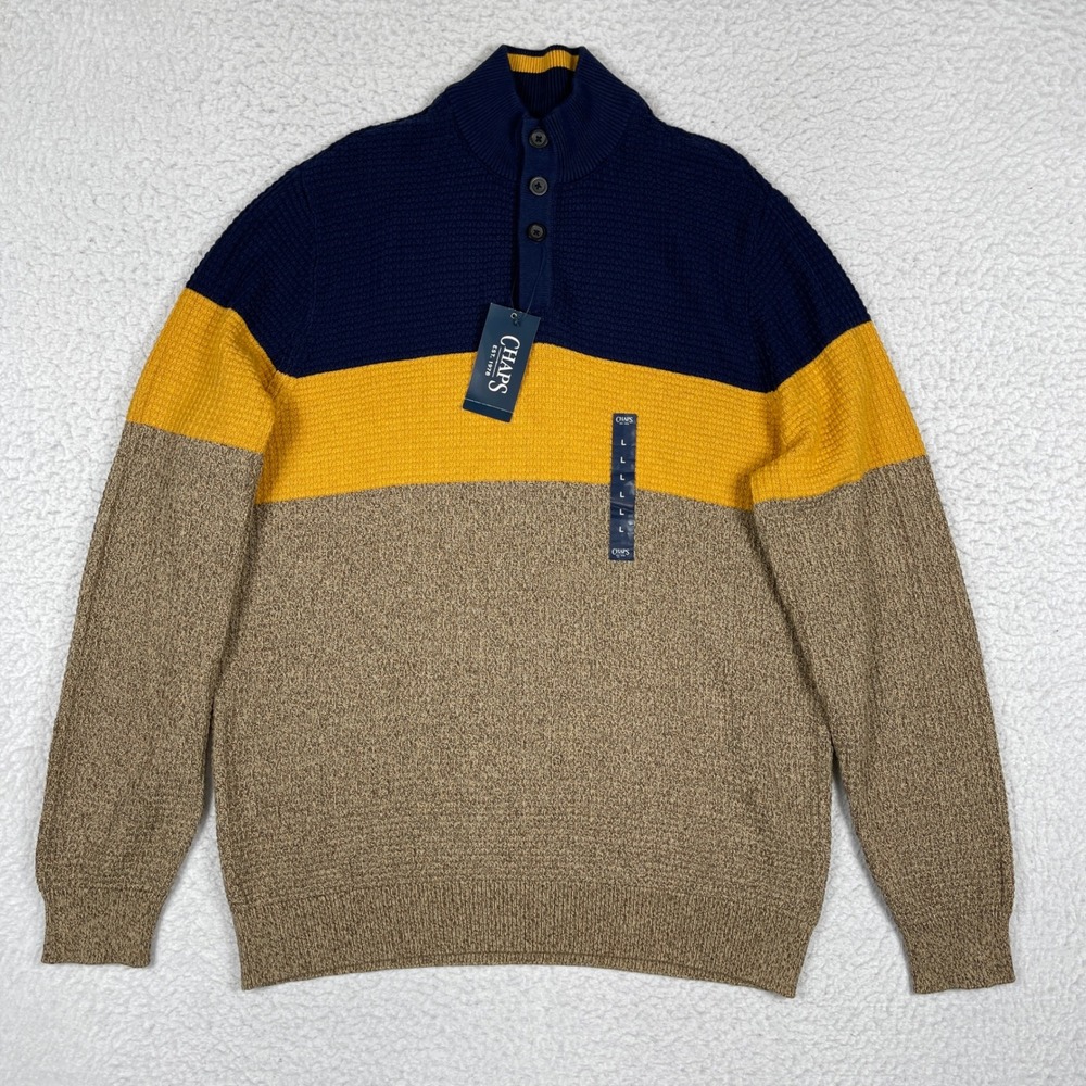 Chaps Sweater Mens Large Multi Colorblock Mock Neck Button 631K11 New With Tags